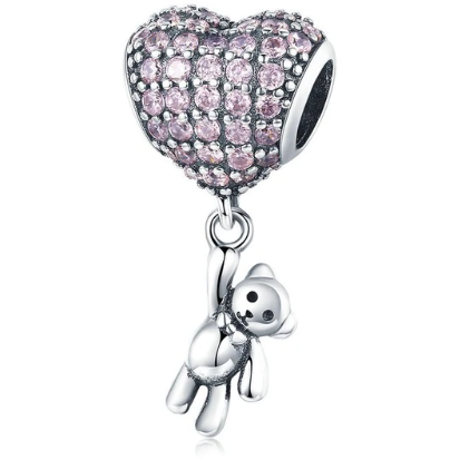 925 Sterling Silver CZ Pink Love Heart and Baby Teddy Bead Charm