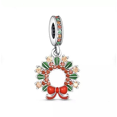 925 Sterling Silver Colourful CZ Christmas Wreath Dangle Charm