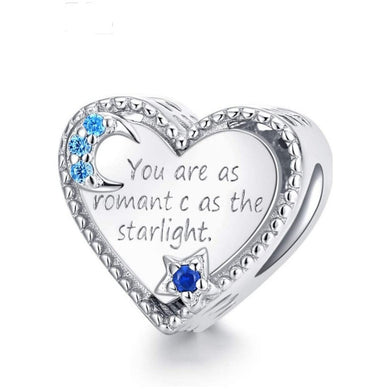 925 Sterling Silver CZ Star And Moon Starlight Heart Charm
