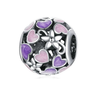 925 Sterling Silver Purple And Pink Enamel Hearts Bead Charm
