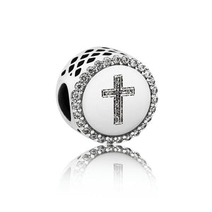 925 Sterling Silver CZ Faith and Cross Engraved Bead Charm