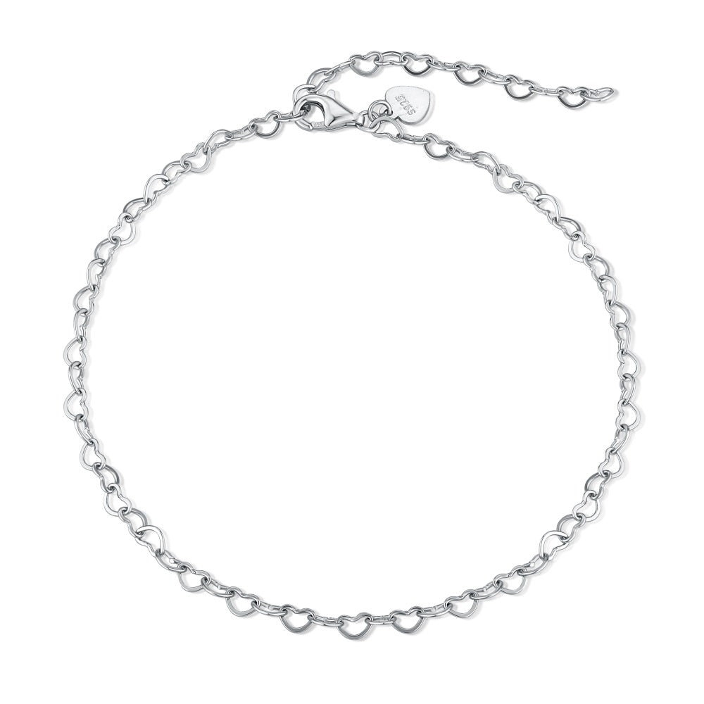 Elegant Silver Heart Link Bracelet – Adjustable Sterling Silver Chain for Women, Minimalist Jewelry