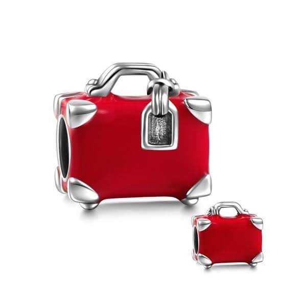 925 Sterling Silver Red Enamel Travel Suitcase Bead Charm