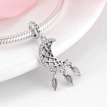 Load image into Gallery viewer, 925 Sterling Silver CZ Moon and Feathers Dream Catcher Dangle Charm