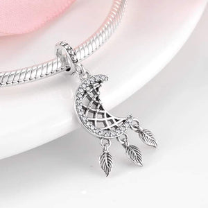 925 Sterling Silver CZ Moon and Feathers Dream Catcher Dangle Charm