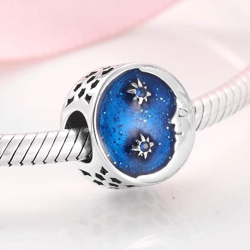 925 Sterling Silver Blue Enamel Moon and Stars Bead Charm