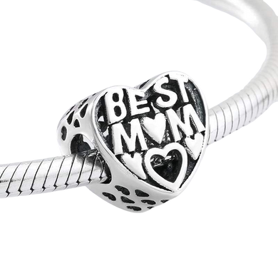 925 Sterling Silver Best Mom Heart Bead Charm