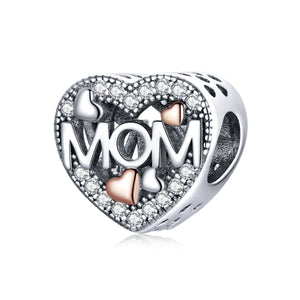 925 Sterling Silver Two Tone Mom Heart Bead Charm
