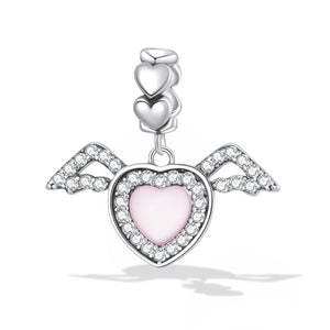925 Sterling Silver Pink Enamel Heart With Cz Wing Dangle Charm