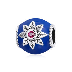 925 Sterling Silver Blue Bead Silver Flower Red Stone CZ Charm