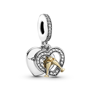 925 Sterling Silver Two Tone Happy Anniversary Heart Dangle Charm