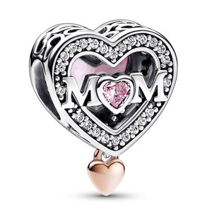 925 Sterling Silver Pink CZ Pink MOM Heart Bead Charm