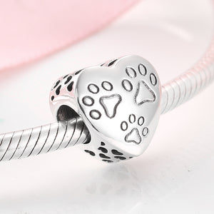 925 Sterling Silver Paw Prints Heart Bead Charm