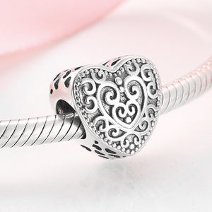 925 Sterling Silver Charming Pattern Heart Shaped Bead Charm