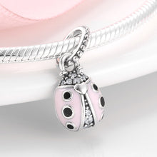 Load image into Gallery viewer, 925 Sterling Silver CZ Pink and Black Enamel Ladybird Dangle Charm