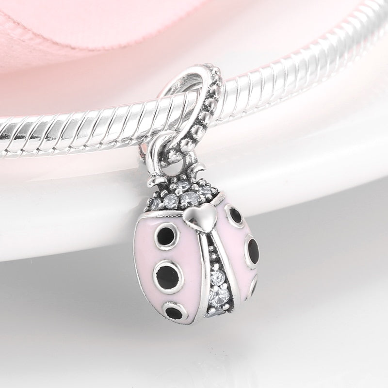 925 Sterling Silver CZ Pink and Black Enamel Ladybird Dangle Charm
