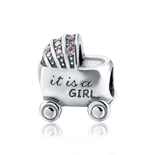 It's a Girl CZ Baby Pram Bead Charm