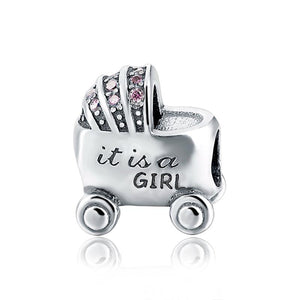 925 Sterling Silver It's a Girl Baby Pram Bead Charm