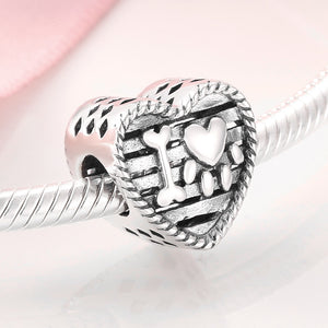 925 Sterling Silver I Love My Pet Paw Print Heart Bead Charm