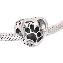 Load image into Gallery viewer, 925 Sterling Silver Black Enamel Paw Print Heart Bead Charm