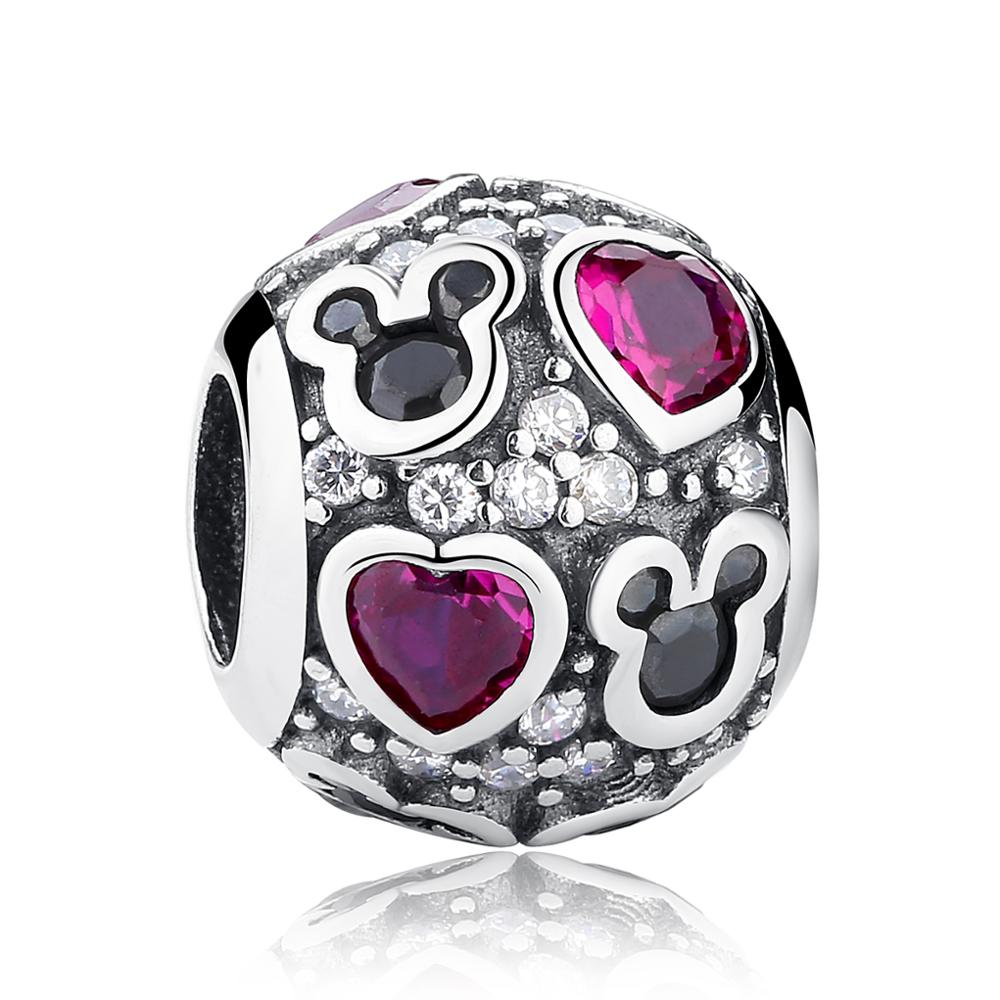 925 Sterling Silver Sparkling Mickey and Hearts Ball Bead Charm