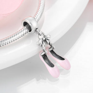 925 Sterling Silver Pink Enamel Ballet Shoes Dangle Charm