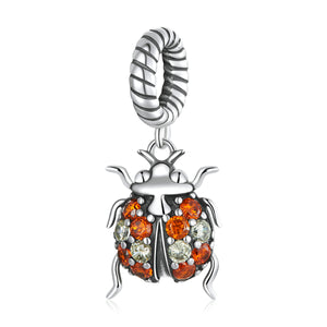 925 Sterling Silver Orange CZ Ladybug Dangle Charm