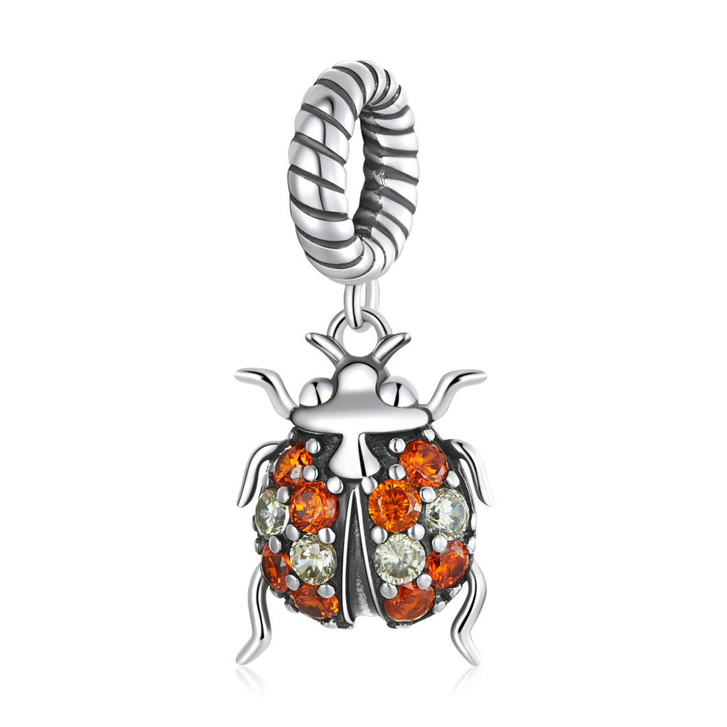 925 Sterling Silver Orange CZ Ladybug Dangle Charm