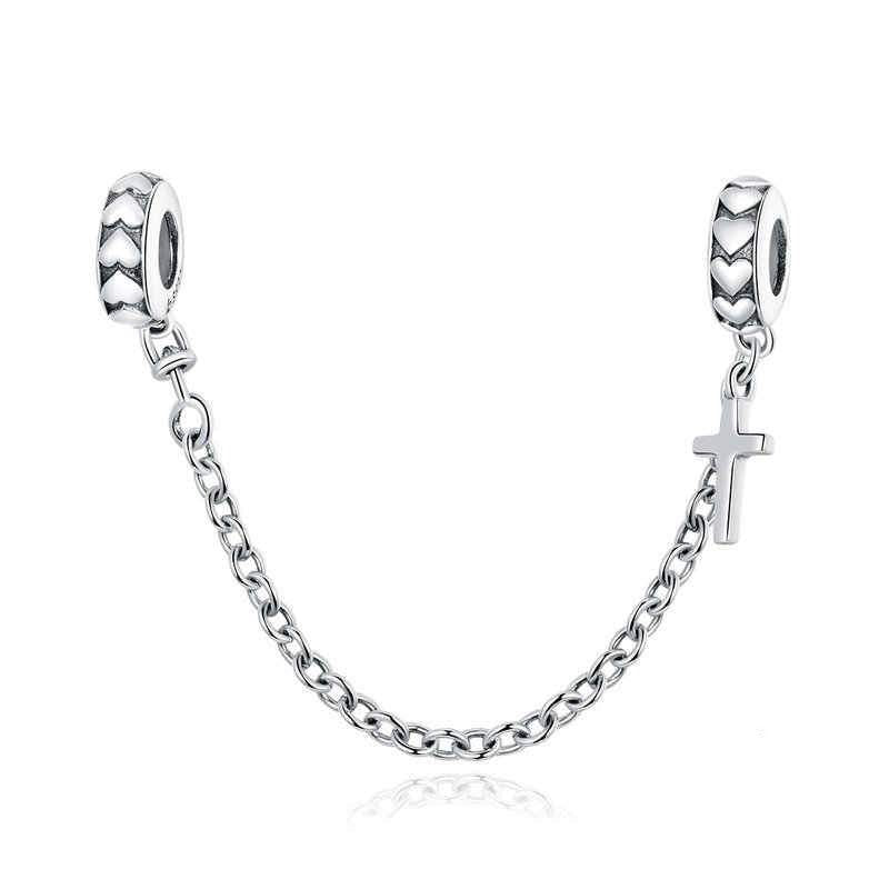 925 CZ Sterling Silver Heart And Cross SILICONE Safety Chain