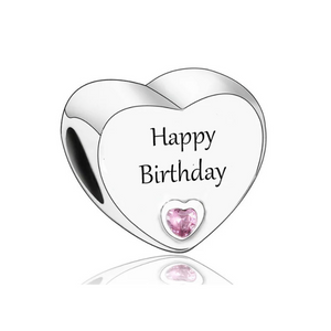 925 Sterling Silver CZ Happy Birthday Engraved Heart Bead Charm