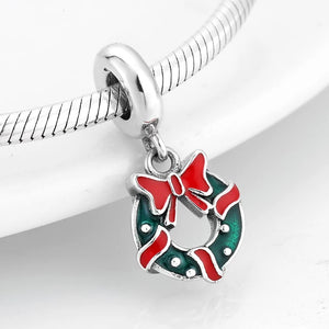 925 Sterling Silver Green and Red Christmas Wreath Dangle Charm