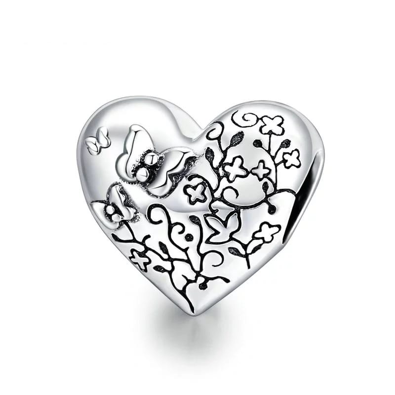 925 Sterling Silver Floral Butterfly Heart Bead Charm