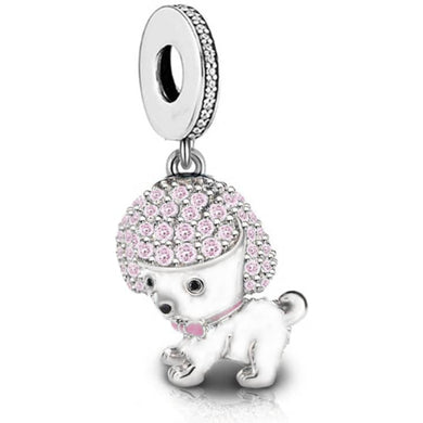 925 Sterling Silver Pink CZ White Enamel Poodle Dangle Charm