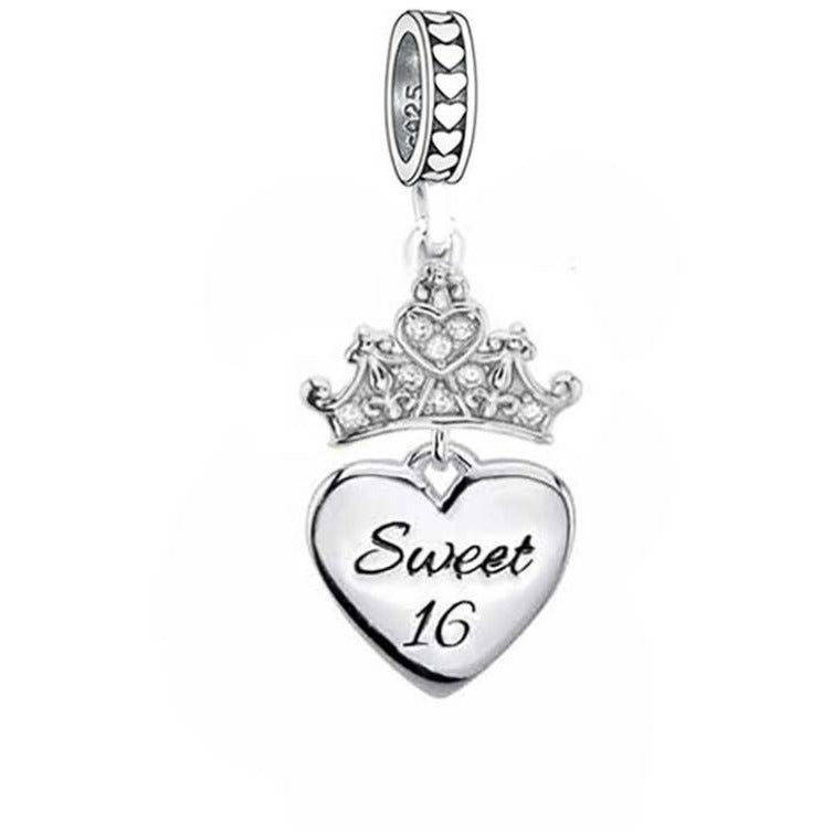 925 Sterling Silver Sweet 16 Heart CZ Crown Dangle Charm