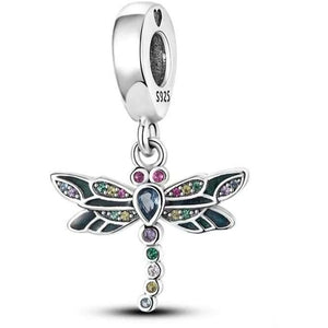 925 Sterling Silver Colourful CZ Dragonfly Dangle Charms