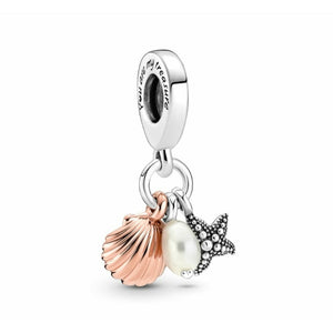 925 Sterling Silver Pearl, Starfish and Shell Dangle Charm