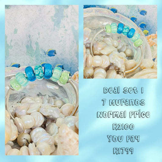Green and Blue Murano Glass Bead Charm Set