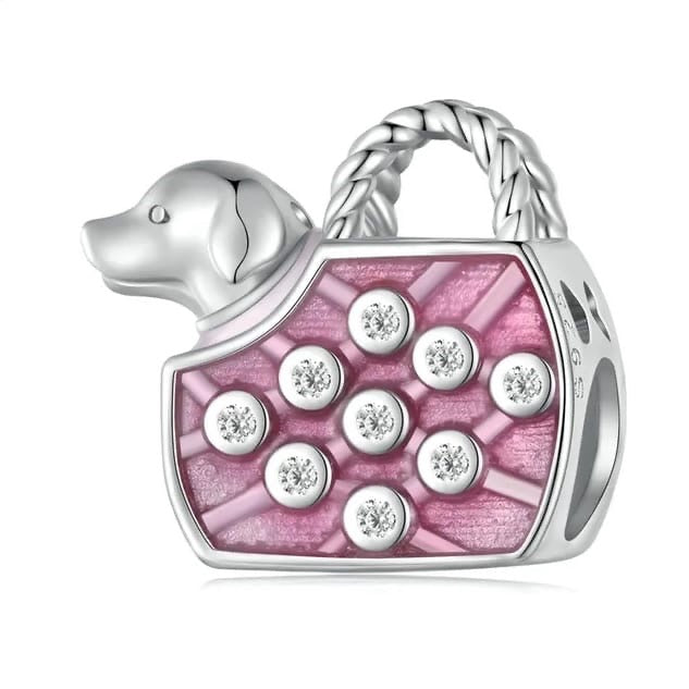 925 Sterling Silver Pink Dog Carrier Bead Charm