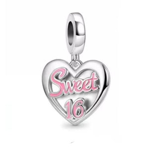 925 Sterling Silver Sweet 16 Heart  Dangle Charm