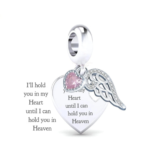 I’ll Hold You In My Heart Until I Can Hold You In Heaven Angel Wing and Pink CZ Pandora Compatible Charm – Silver Memorial Jewelry with Angel Wing and Pink Cubic Zirconia Heart"