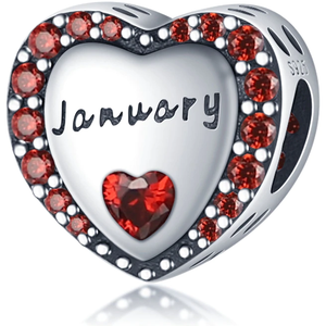 925 Sterling Silver Heart Shaped Birthstone Month Bead Charm