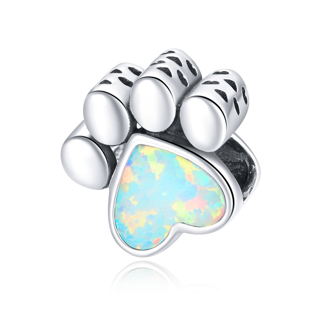 925 Sterling Silver Dog Paw Opal Stone Bead Charm
