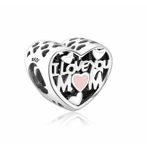 925 Sterling Silver Openwork I Love You Mom Pink Heart Bead Charm