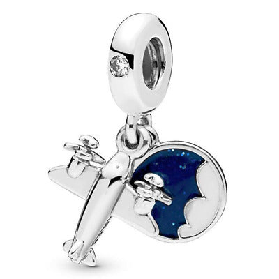 925 Sterling Silver Airplane and Blue Globe Dangle Charm
