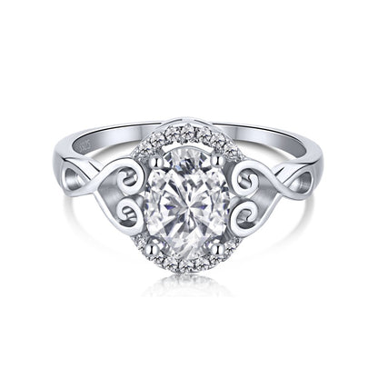Clear CZ Oval Halo Vintage Heart Detail Ring