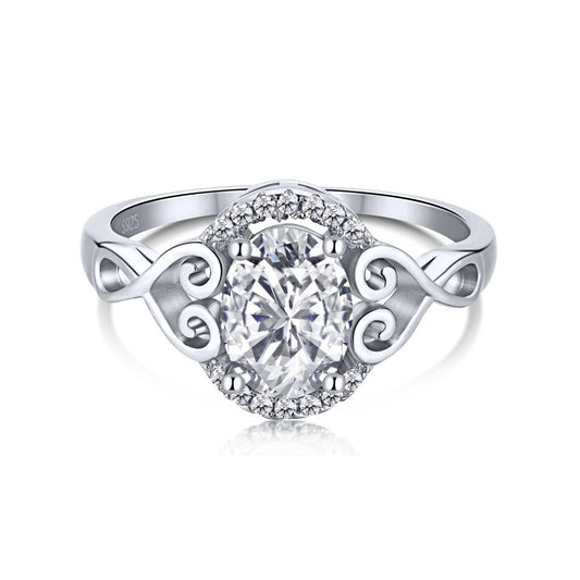 Clear CZ Oval Halo Vintage Heart Detail Ring