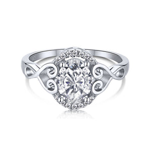 925 Sterling Silver Clear CZ Oval Halo Vintage Heart Detail Ring