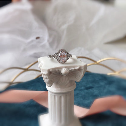 Clear CZ Oval Halo Vintage Heart Detail Ring