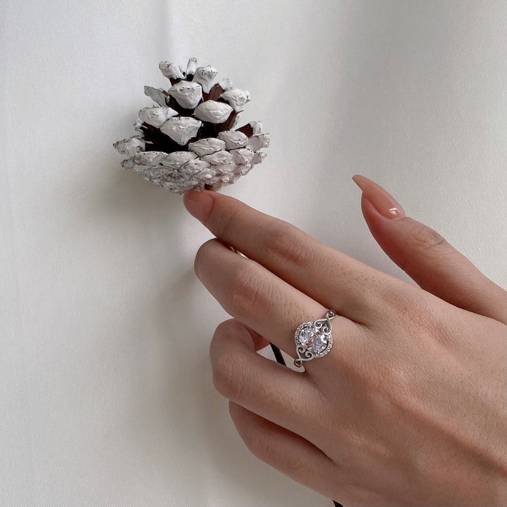 Clear CZ Oval Halo Vintage Heart Detail Ring