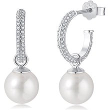 Load image into Gallery viewer, 925 Sterling Silver Clear CZ Imitation Pearl Hoop Earrings